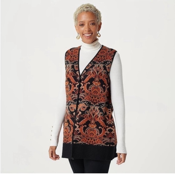 Susan Graver Jacquard Open Front Sweater Vest Cardigan - Picture 1 of 9